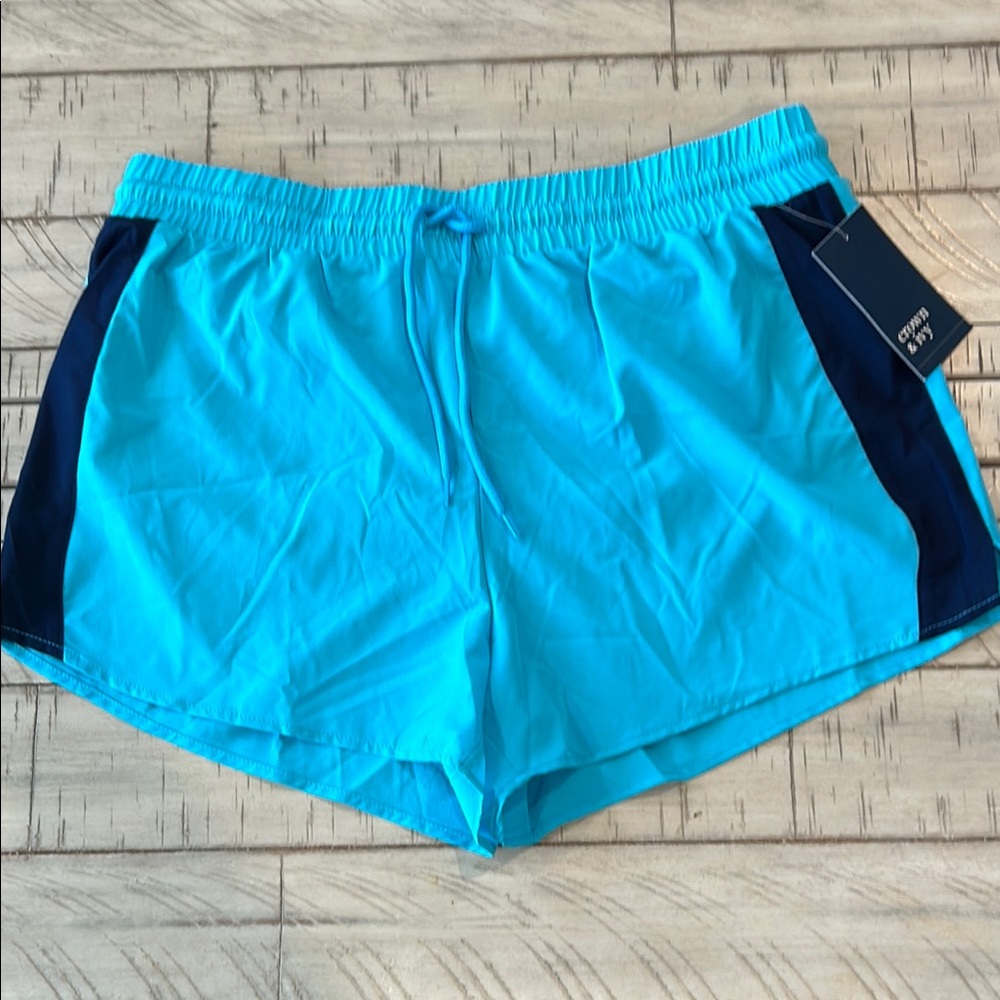 NWT Swim Shorts Crown & Ivy Teal Blue Wide Elastic Waist Drawstring Size Large